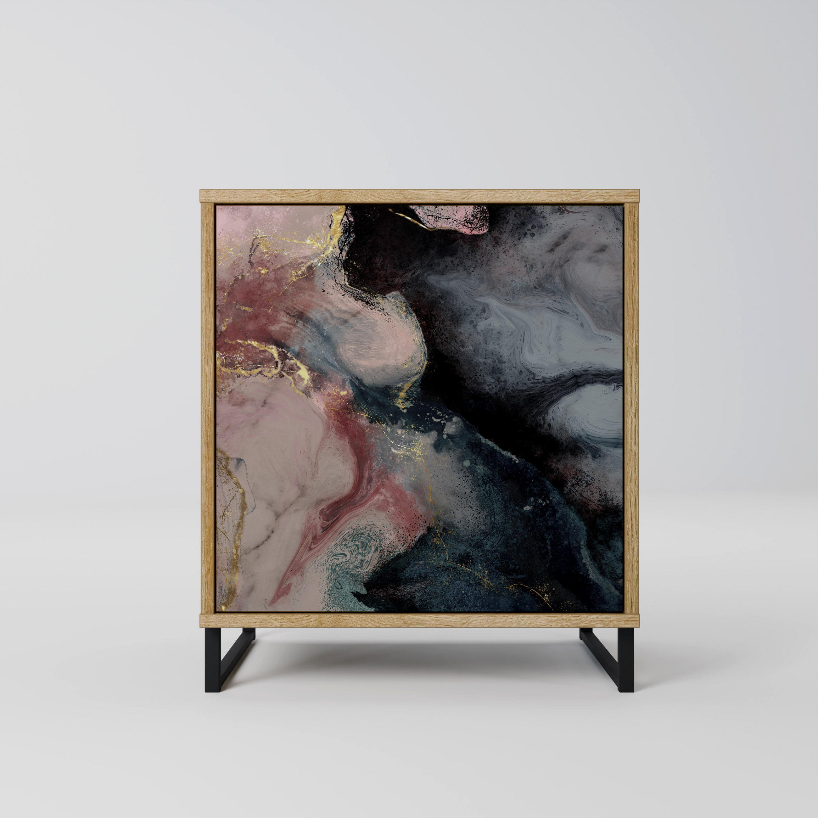 SIDEBOARD GILDED SWIRLS, Eichefarben, 57,5x42x67,5 cm, Schwarze Metall-Rahmenfüße - Eichefarben/Multicolor, Holzwerkstoff/Metall (57.5/67.5/42cm) - SpaceRebels