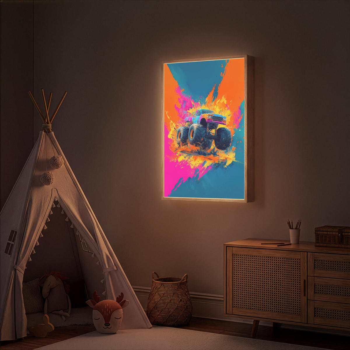 NÁSTĚNNÁ LAMPA S AKUMULÁTOREM Monster truck - Abstraktní - Stříkající barva - Barevné 70x100 cm - růžová, kompozitní dřevo (70/100/8cm) - OnlyWow