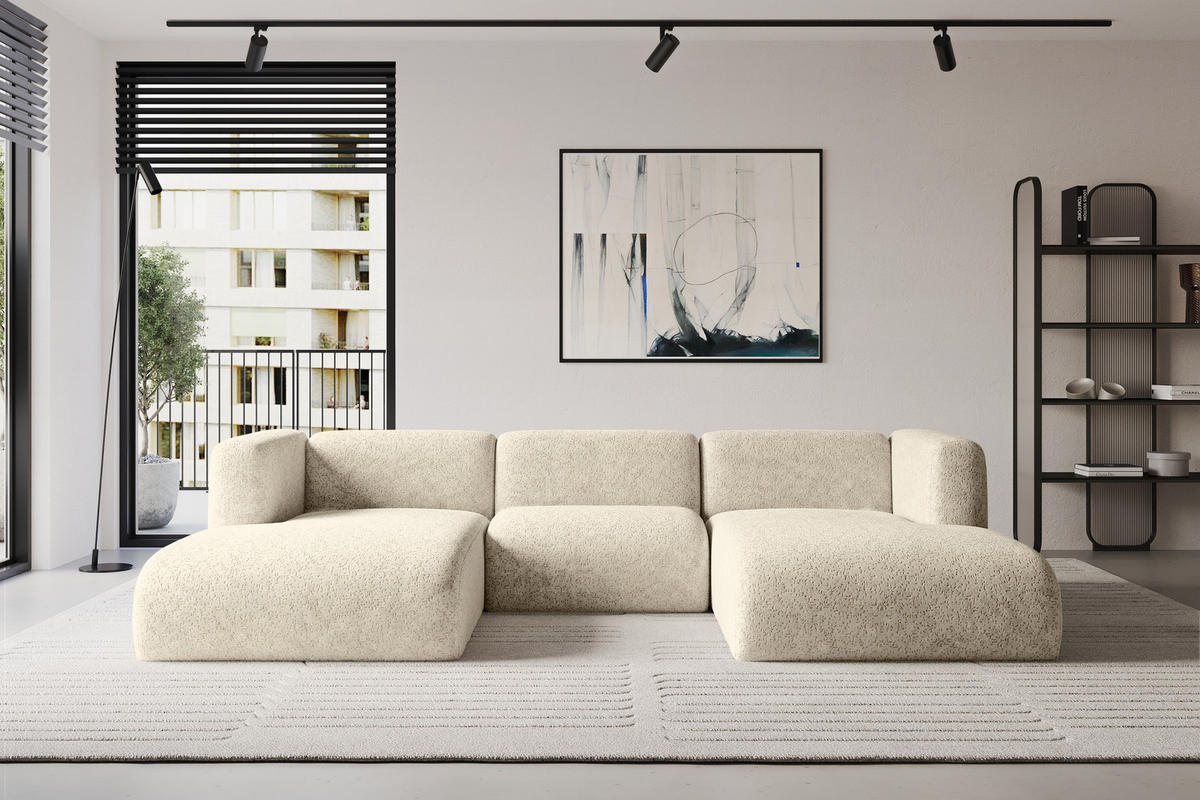 WOHNLANDSCHAFT MIRA-U1 317x179x70 Creme Velours - Creme/Schwarz, Holzwerkstoff/Kunststoff (317/70/179cm) - ALTDECOR