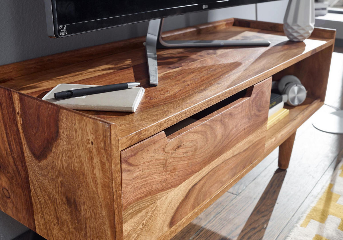 LOWBOARD Massivholz Modern Stil für Fernseher bis 50 Zoll mit Schiebetür und 2 Fächern - Braun, Holz (95/44/34cm) - KADIMA DESIGN