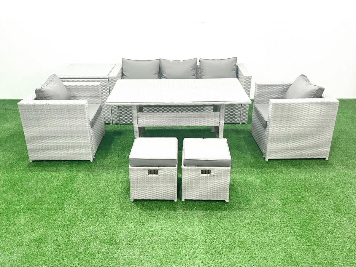 GARTENMÖBEL SET mit Sofa,2 Hockern,Beistelltisch Polyrattan Hellgrau 7-Sitzer - Hellgrau/Grau, Glas/Kunststoff - Fimous