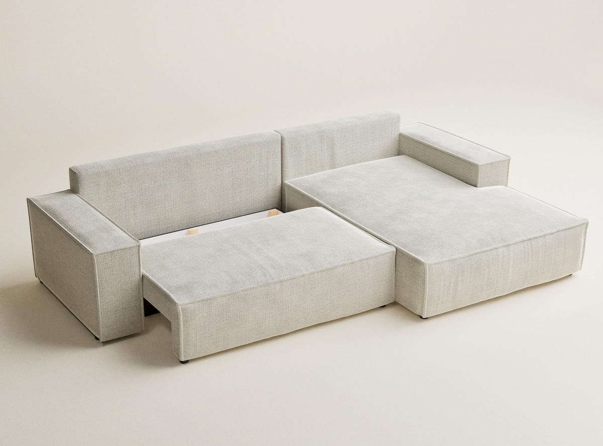 ECKSOFA Maze Beige grau Chenille-Stoff - Rechts Seite - Greige/Schwarz, Holz/Holzwerkstoff (294/185cm) - Maison de Reve