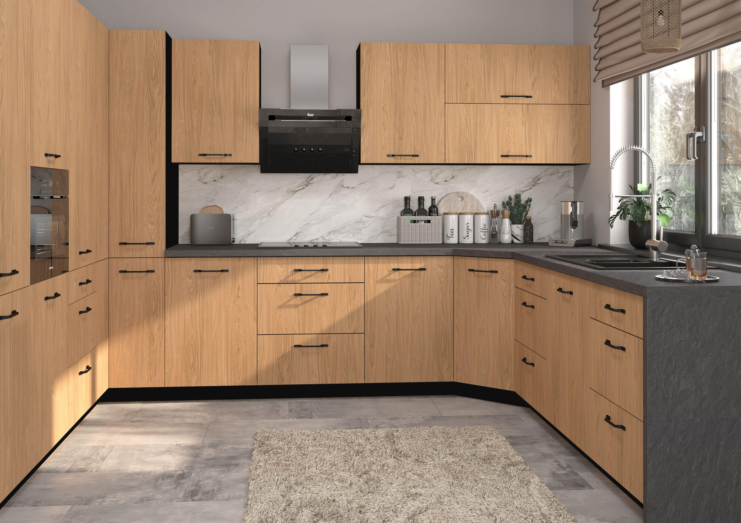 KÜCHENZEILE Casella 15-teilig Schwarz / Casella Eiche Natur - Schwarz/Braun, Holzwerkstoff/Metall (360/207/270cm) - Feldmann-Wohnen