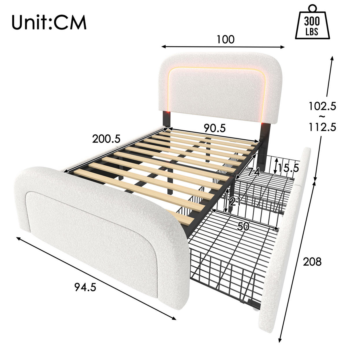 KINDERBETT 90/200 cm in Weiß mit LED-Beleuchtung, USB- und Type-C-Anschlüssen - Weiß, Textil (90/200cm) - Flora Grace