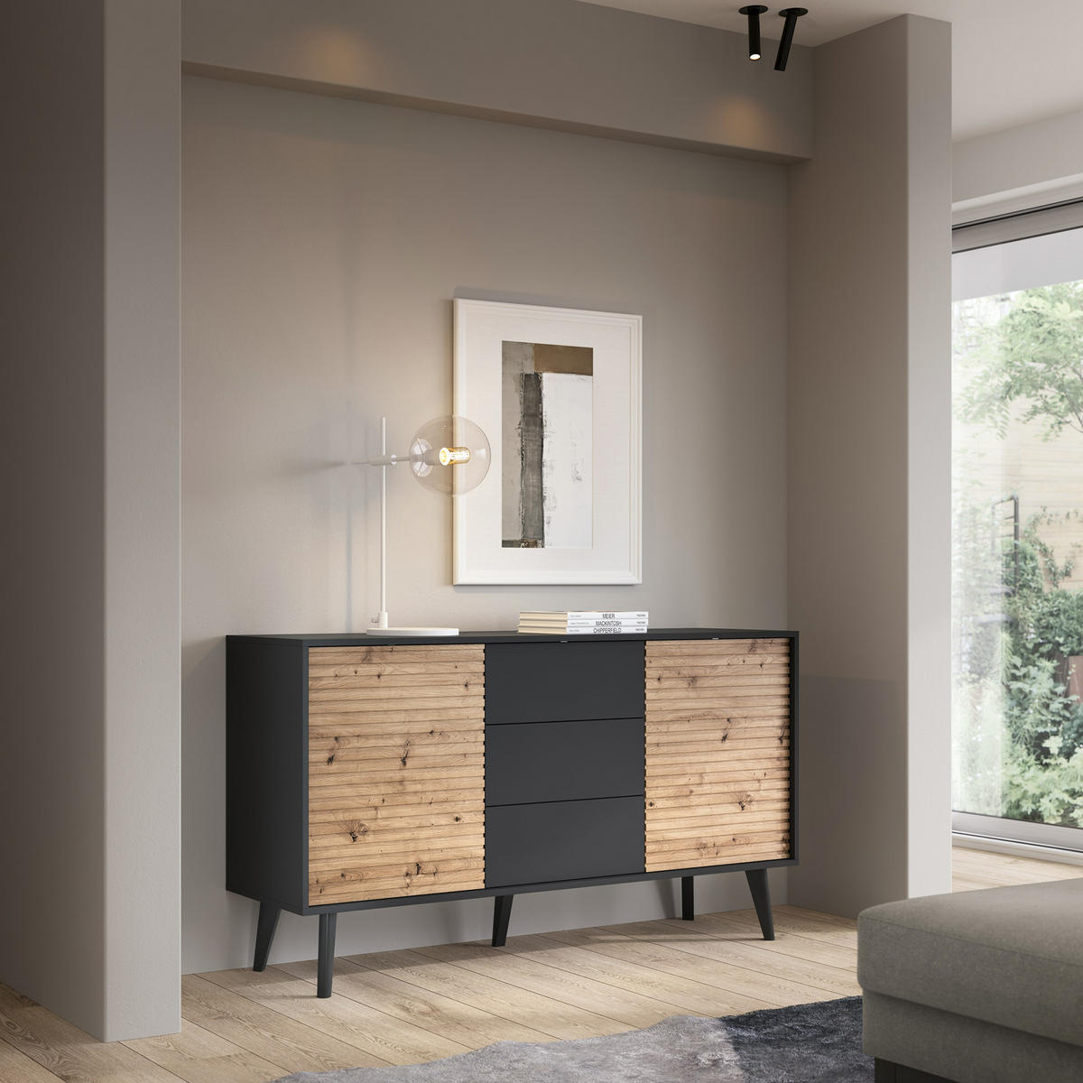 SIDEBOARD VILLETTA 154/83/39 cm mit 3 Schubladen 2 Türen Schwarz - Schwarz/Eiche Artisan, Holzwerkstoff (154/83/39cm) - MASSENO