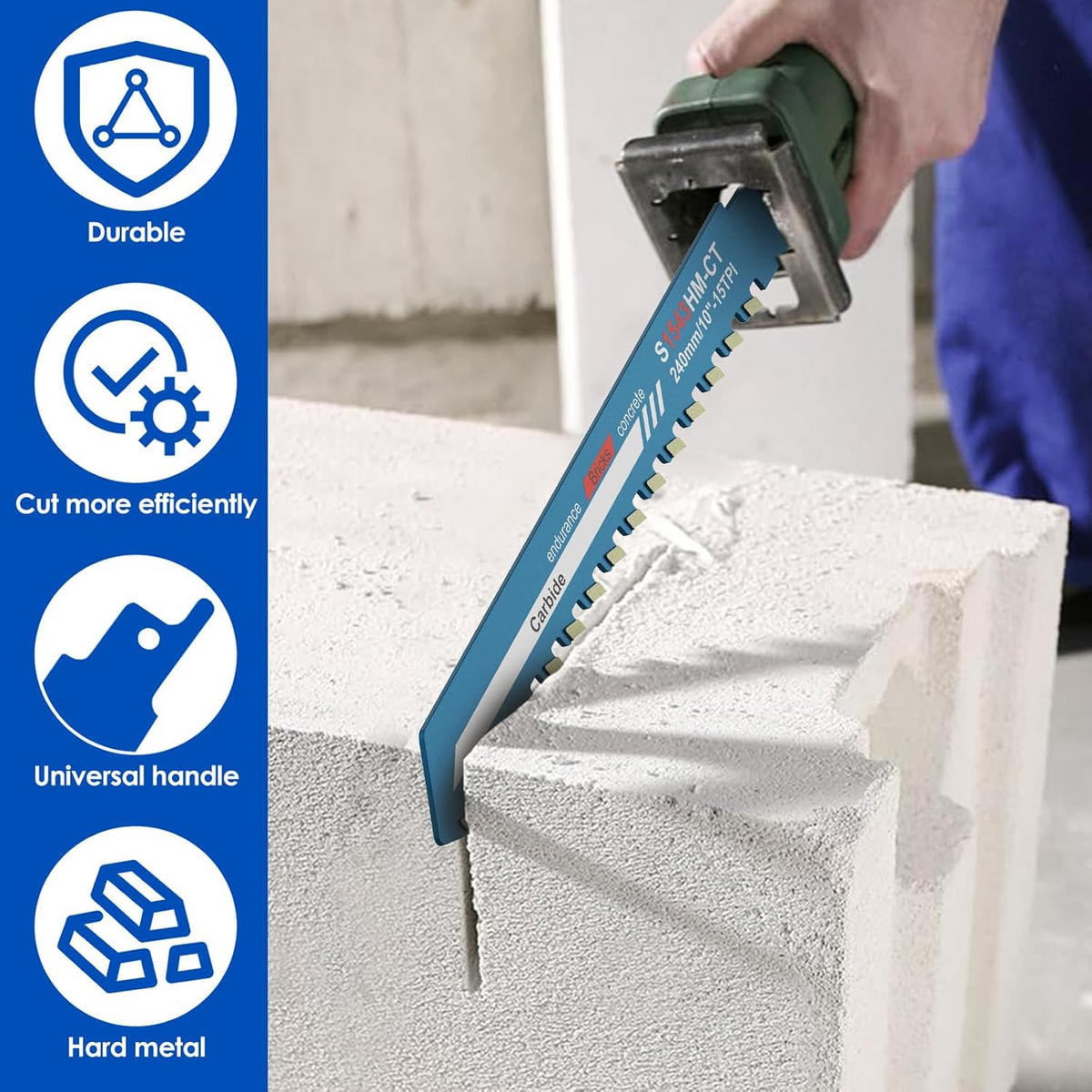SÄGEBLATT - geeignet für Porenbeton, Ziegel, Zementplatten und Beton, 240 mm lang. - Blau, Metall (24/2.4/1cm) - DCA