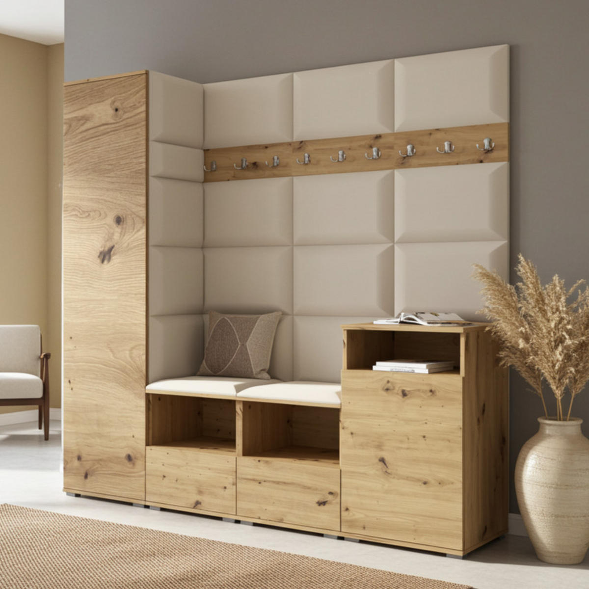 GARDEROBE NELA X 200 cm (Modulare Flurmöbel Artisan Eiche mit Sitzpolster Creme 01 Schrank + Sidelboard) - Silberfarben/Creme, Holz/Holzwerkstoff (200/187/40cm) - Ravio