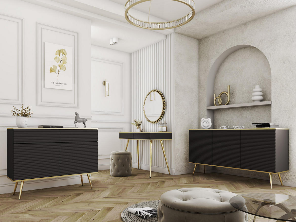 LOWBOARD TV BANFF RTV7-2D Goldene Metallbeine, geriffelte Fronten, Schwarz - Schwarz, Holzwerkstoff/Kunststoff (135/53/32cm) - Komodee