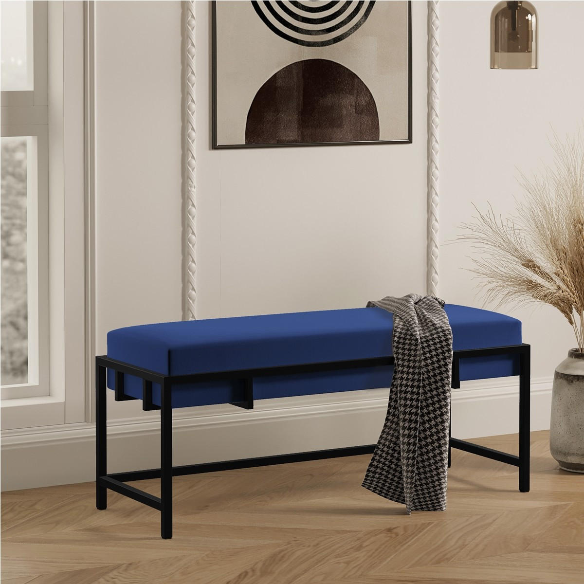 POLSTERBANK LAMO 100 Dunkelblau, Schwarzes Metallgestell - Schwarz/Dunkelblau, Textil/Metall (100/45/35cm) - Bettso
