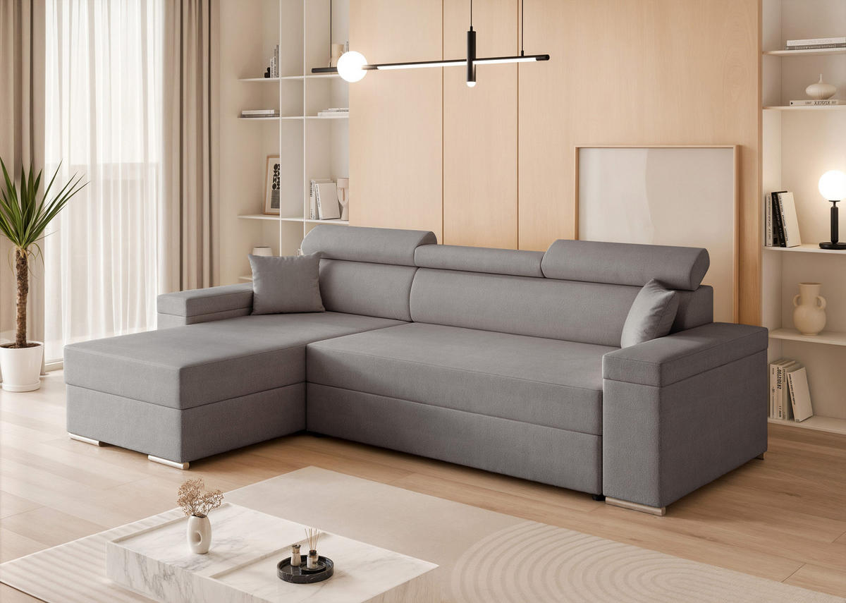 ECKSOFA AISHA mit Schlaffunktion und Bettkasten Grau - Grau, Holzwerkstoff/Kunststoff (250/90cm) - Idohome