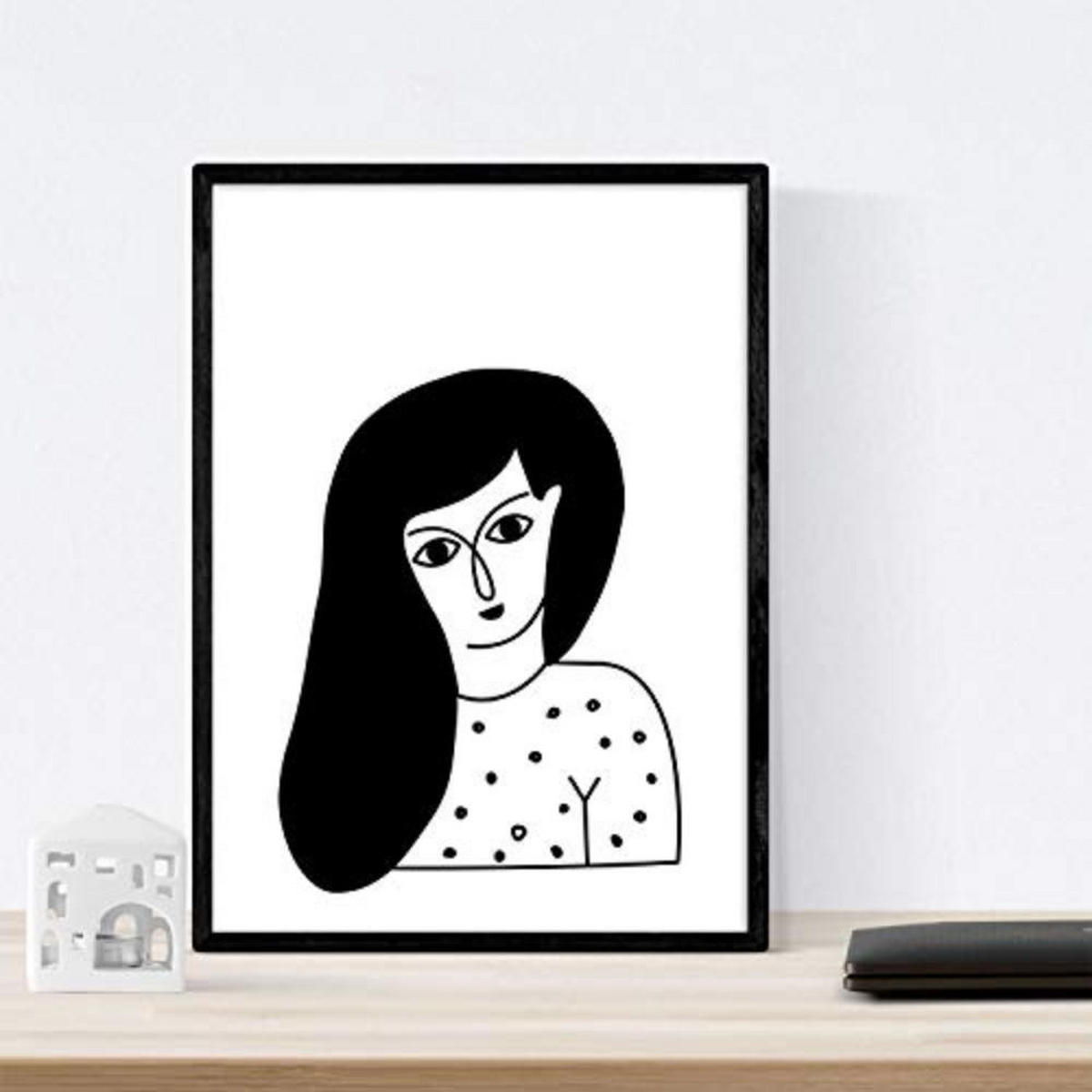 POSTER Set mit 4 „Vier Frauen Brünetten“ Zeichnungen von Frauen A4 Schwarzer Rahmen - Schwarz, Papier (29.7/3cm) - Nacnic