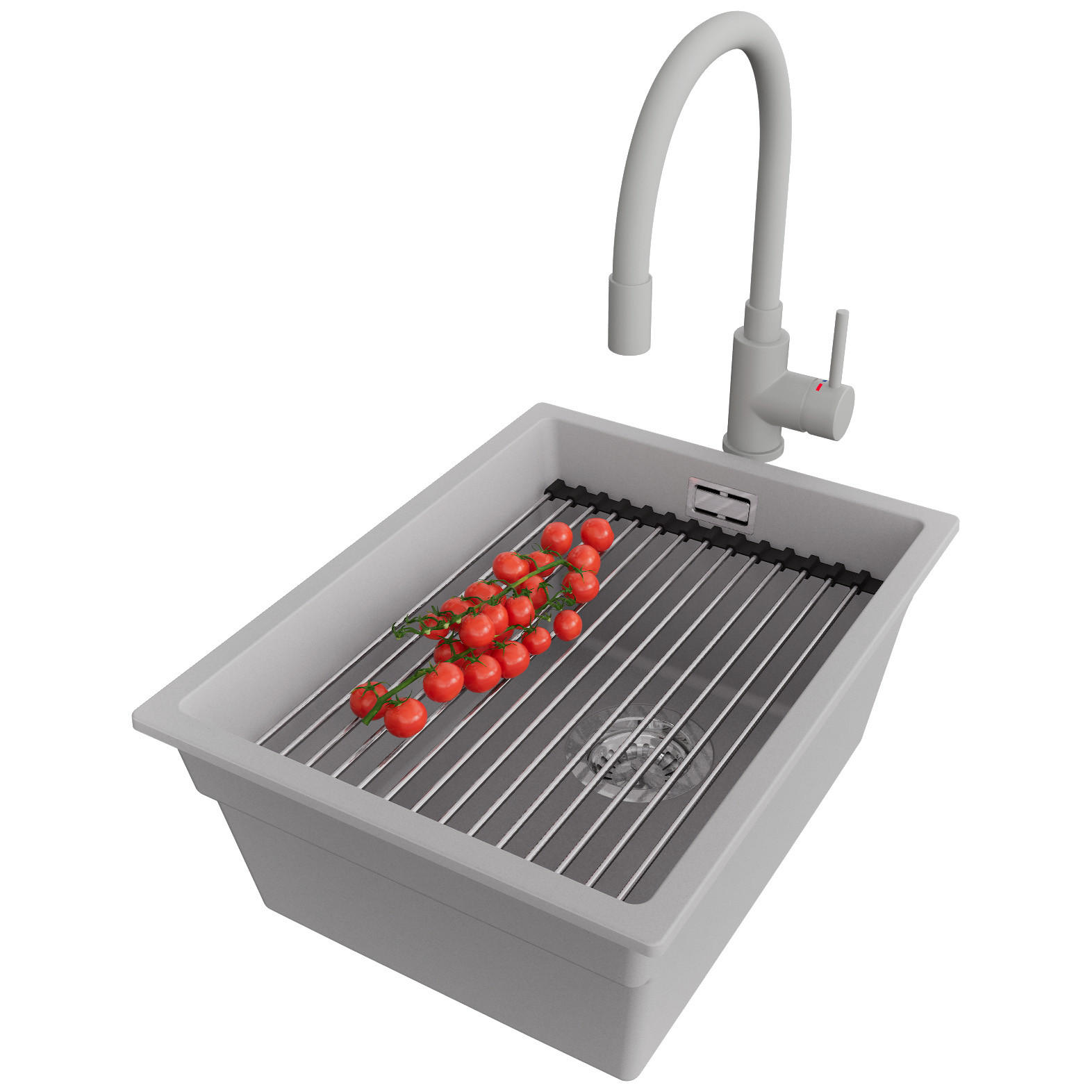 UNTERBAUSPÜLE GRANIT Praga, 2-er set Grau 36/47 cm 1 Becken + Küchenarmatur 38/14 cm + Ablauf-Set + Aufrollbare Abtropffläche ab 40er Unterschrank - Chromfarben/Grau, Kunststoff (36/20/47cm) - Primagran