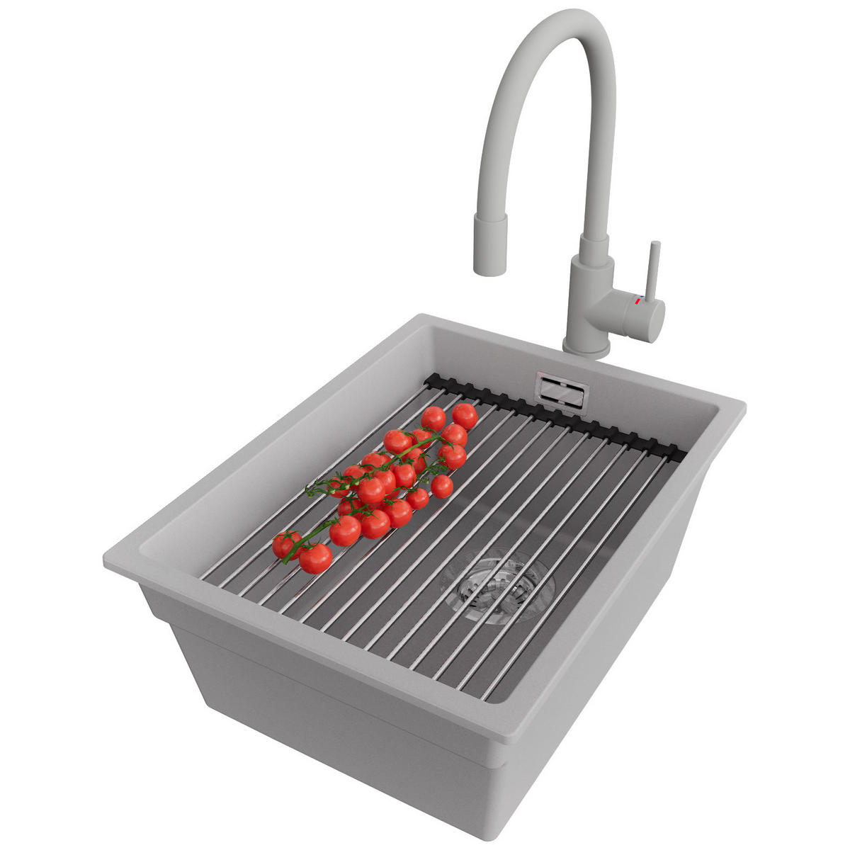 UNTERBAUSPÜLE GRANIT Praga, 2-er set Grau 36/47 cm 1 Becken + Küchenarmatur 38/14 cm + Ablauf-Set + Aufrollbare Abtropffläche ab 40er Unterschrank - Chromfarben/Grau, Kunststoff (36/20/47cm) - Primagran