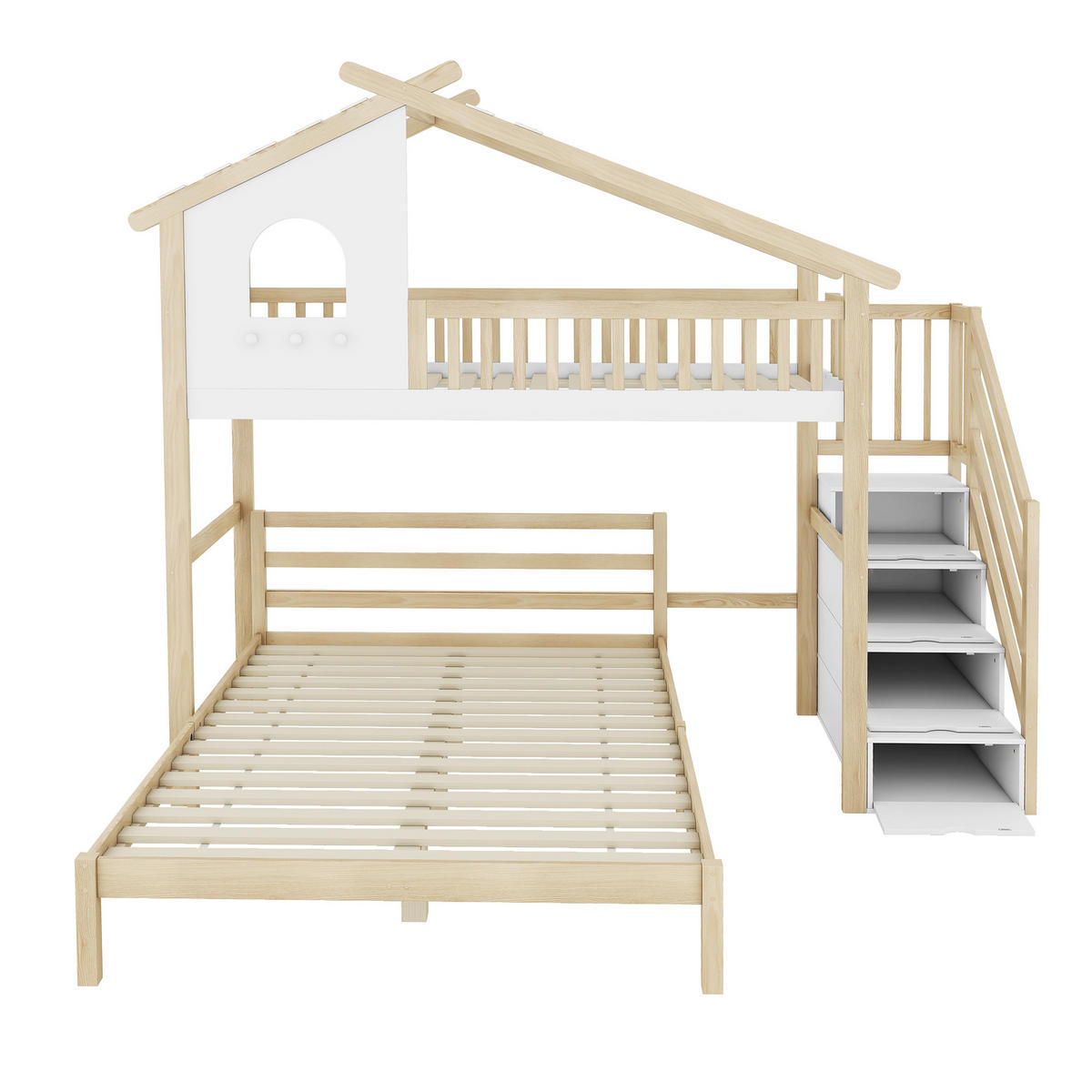 HOCHBETT 90/200 cm mit Stauraumleiter und Fenster in Weiß und Natur - Weiß, Holz (140/200cm) - OKWISH