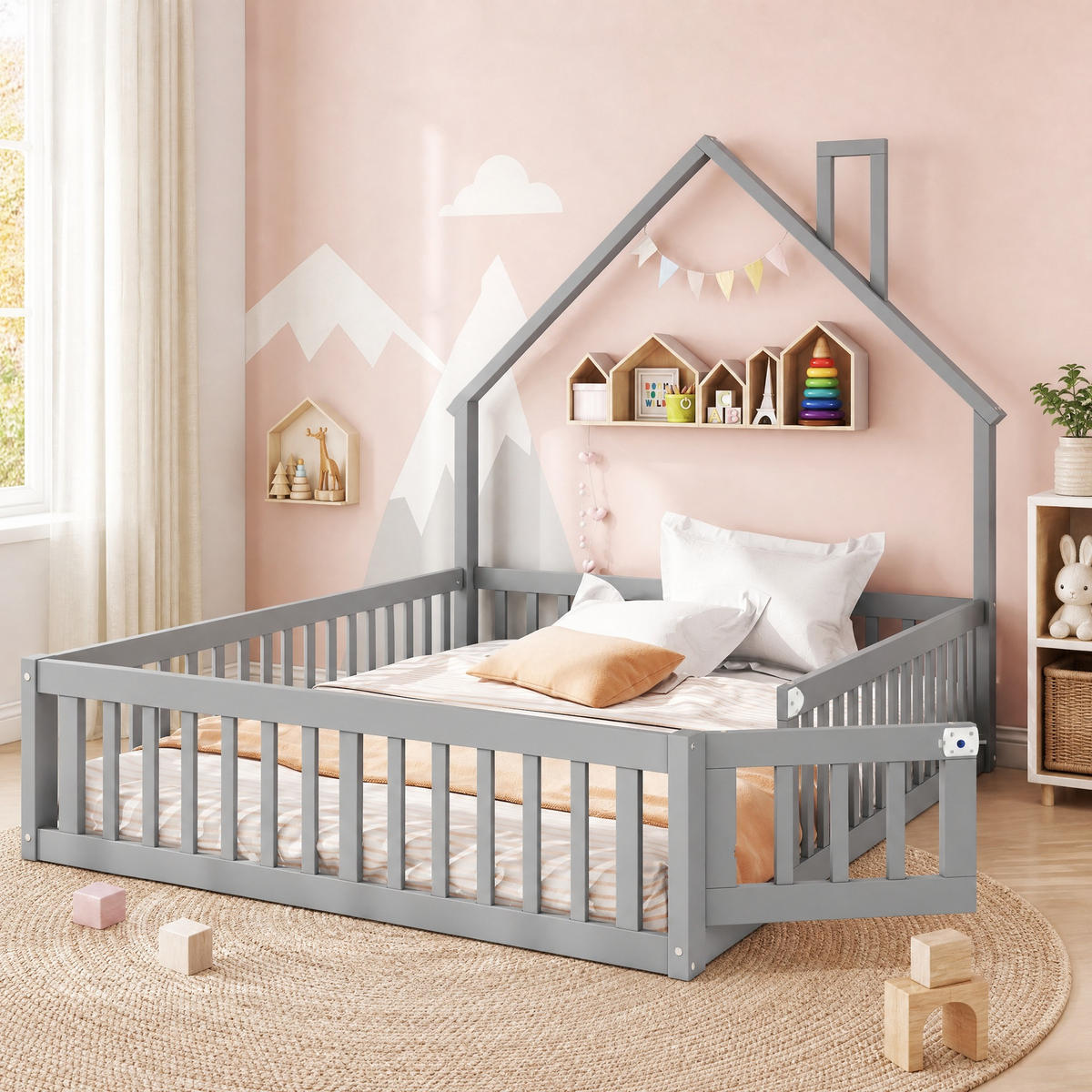 HAUSBETT 140/190 mit Sicherheitsgitter und Lattenrost in Grau - Grau, Holzwerkstoff (140/190cm) - EVRYAE