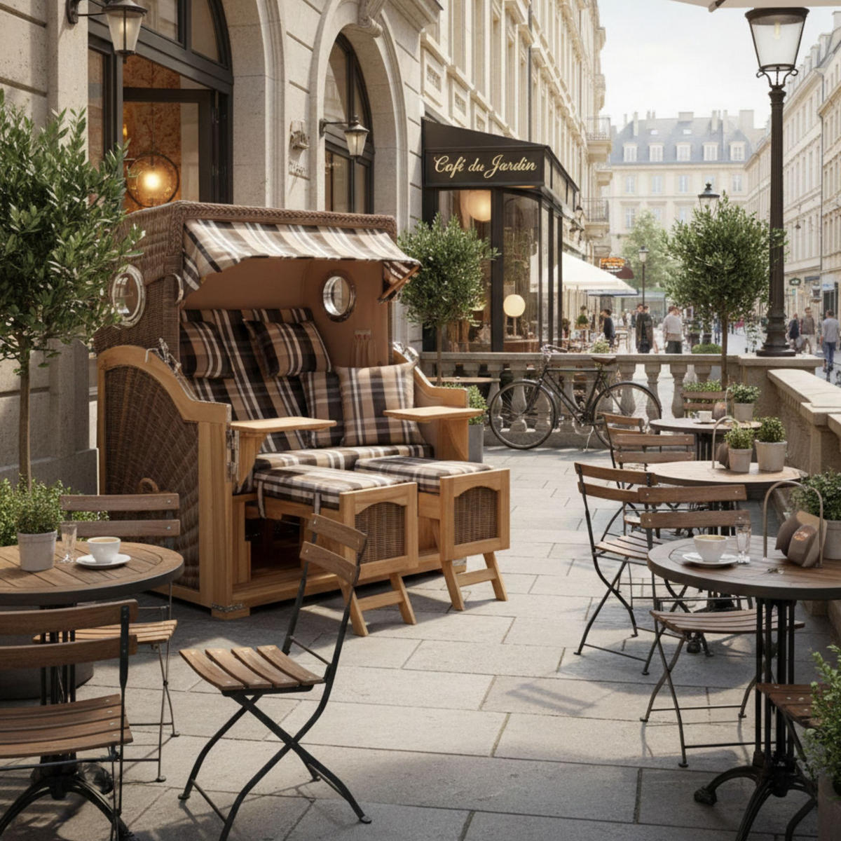 STRANDKORB Düne Grande Bullauge Teak PE Grey Dessin 583 - Braun/Grau, Metall (142/170/95cm) - Mr. Deko