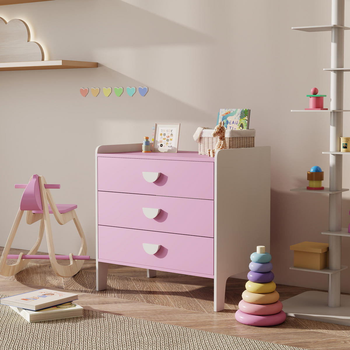 SPIELZEUGSCHRANK für Kinder, Kommode mit 3 Schubladen, Rosa+Weiß - Weiß/Rosa, Holzwerkstoff (40/60/60cm) - AIYAPLAY