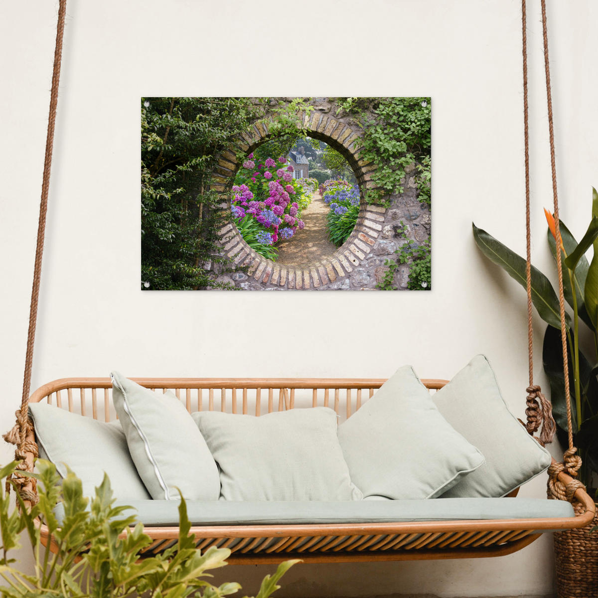 ZAHRADNÍ PLAKÁT Průhled - Květiny - Hortenzie - Léto 90x60 cm - šedohnědá, plast (90/60/0.2cm) - OnlyWow