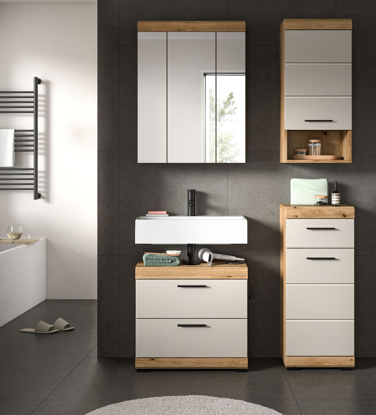 BADMÖBEL-SET Sand Kaschmir, Evoke Eiche 4-teilig, Badkombination 112 x 191 cm - Kaschmir/Eichefarben, Glas/Holzwerkstoff (112/191/34cm) - Inn.Furn