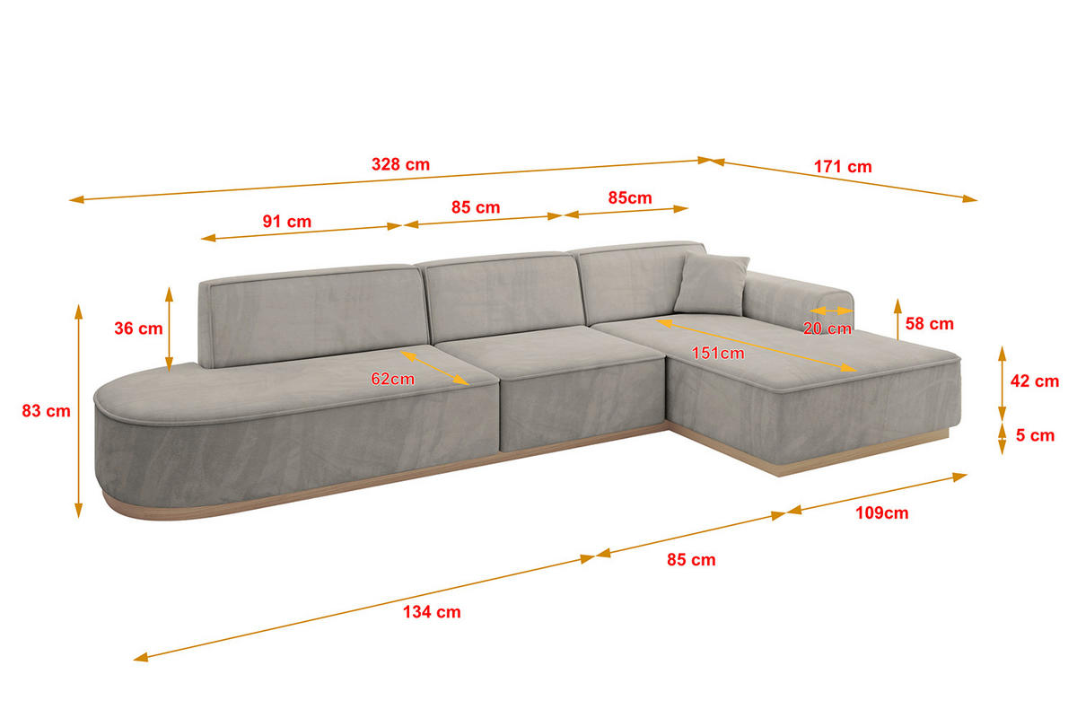 ECKSOFA Ottomane Rechts IREA-L2 - 328x171x83 cm Hellbraun - Hellbraun, Holzwerkstoff/Textil (171/328cm) - ALTDECOR