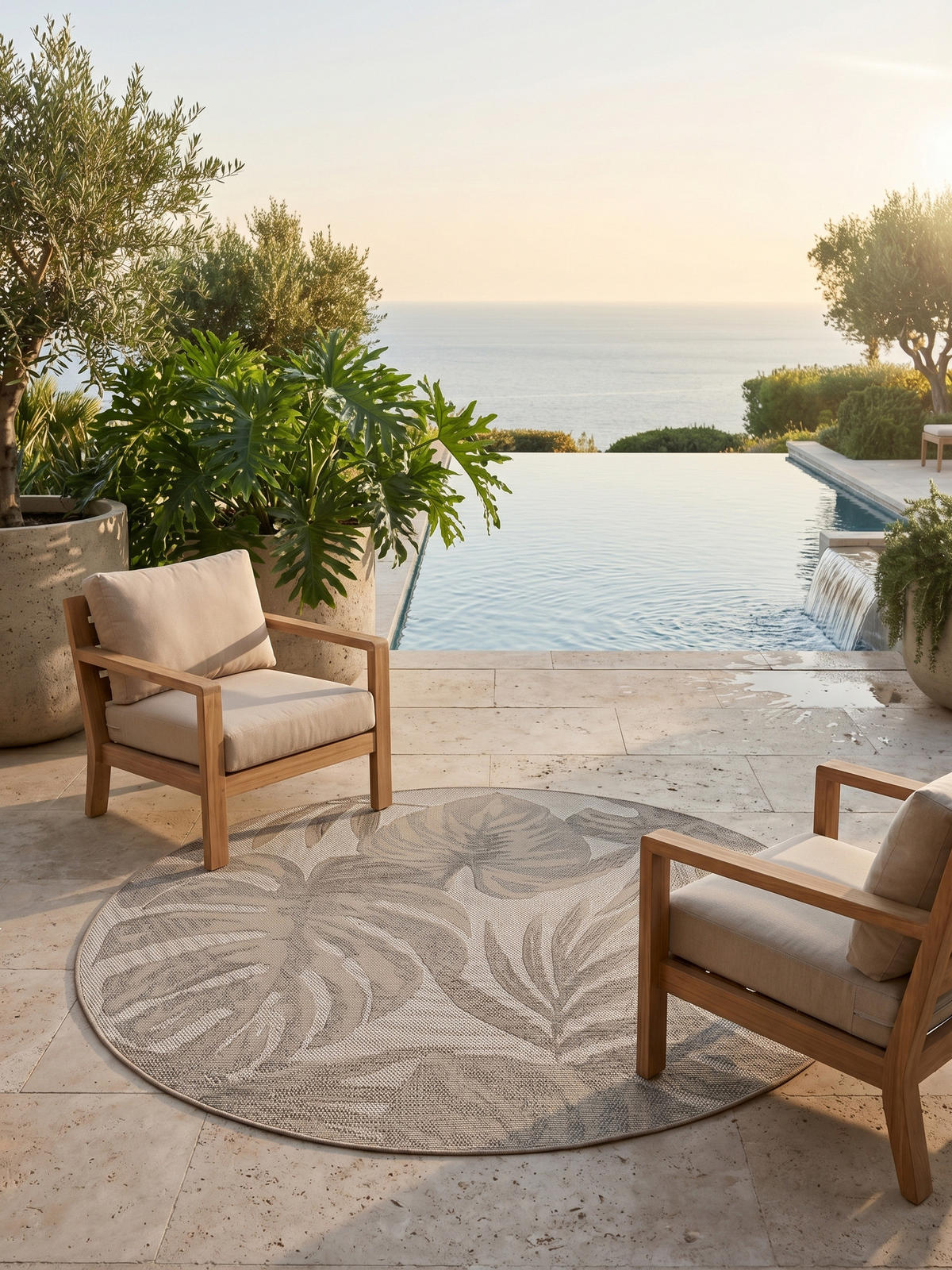 TEPPICH Outdoor VENTOUX in Beige, mit Tropen-Motiv, Ø 120 cm - Beige, Textil (120/120cm) - KADIMA DESIGN