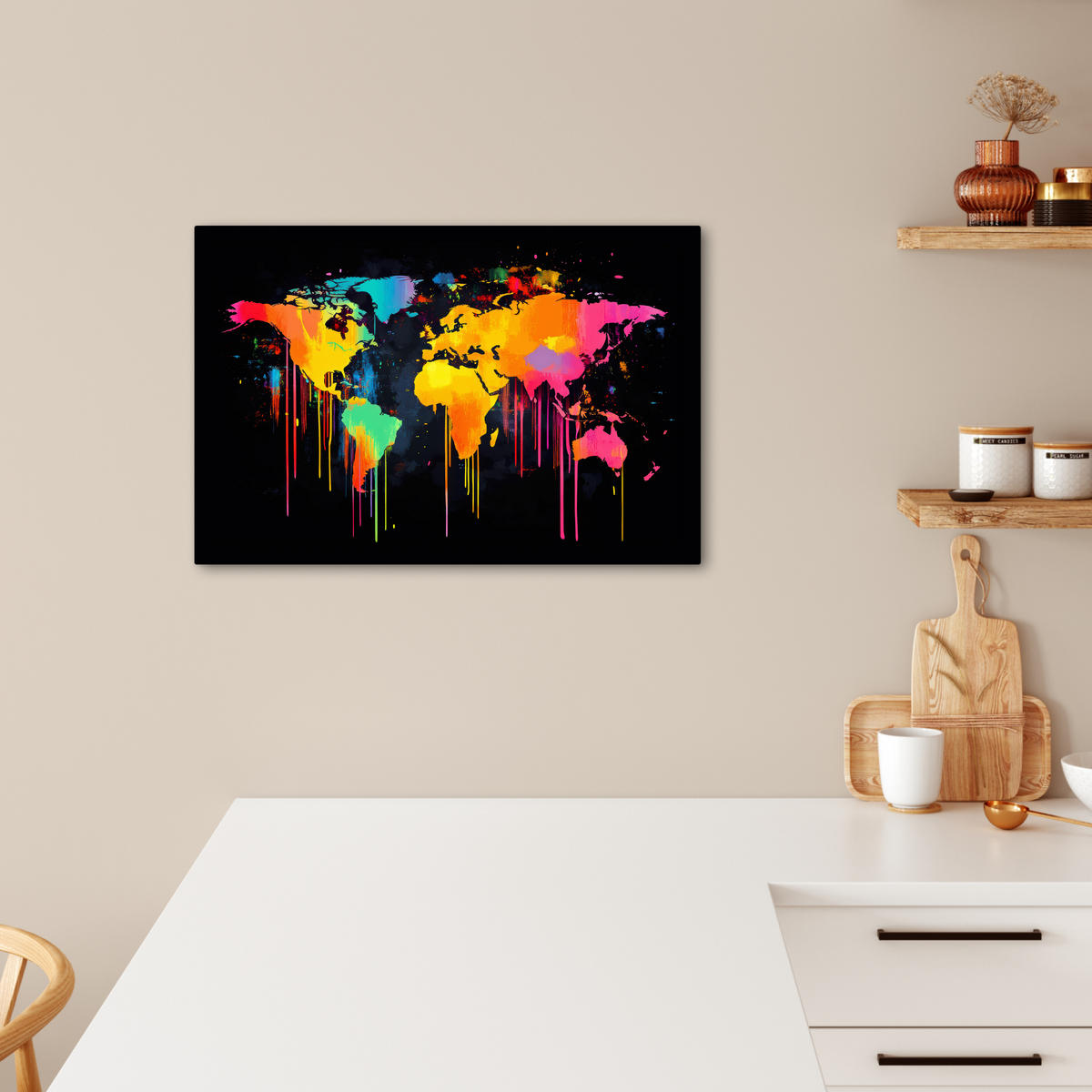 LEINWANDBILD Weltkarte - Farbe - Bunt - Graffiti - Welt Gemälde 60x40 cm - Multicolor, Textil (60/40cm) - MuchoWow