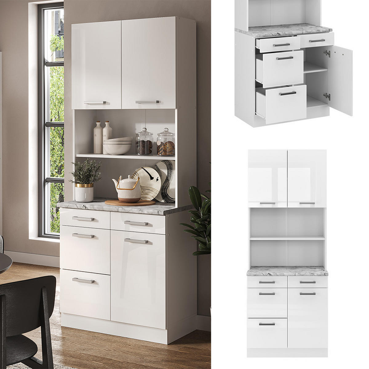 BUFFET R-Line Weiß Hochglanz 80 cm, AP Marmor - Weiß Hochglanz/Weiß, Holzwerkstoff (80/81.6/60cm) - Vicco