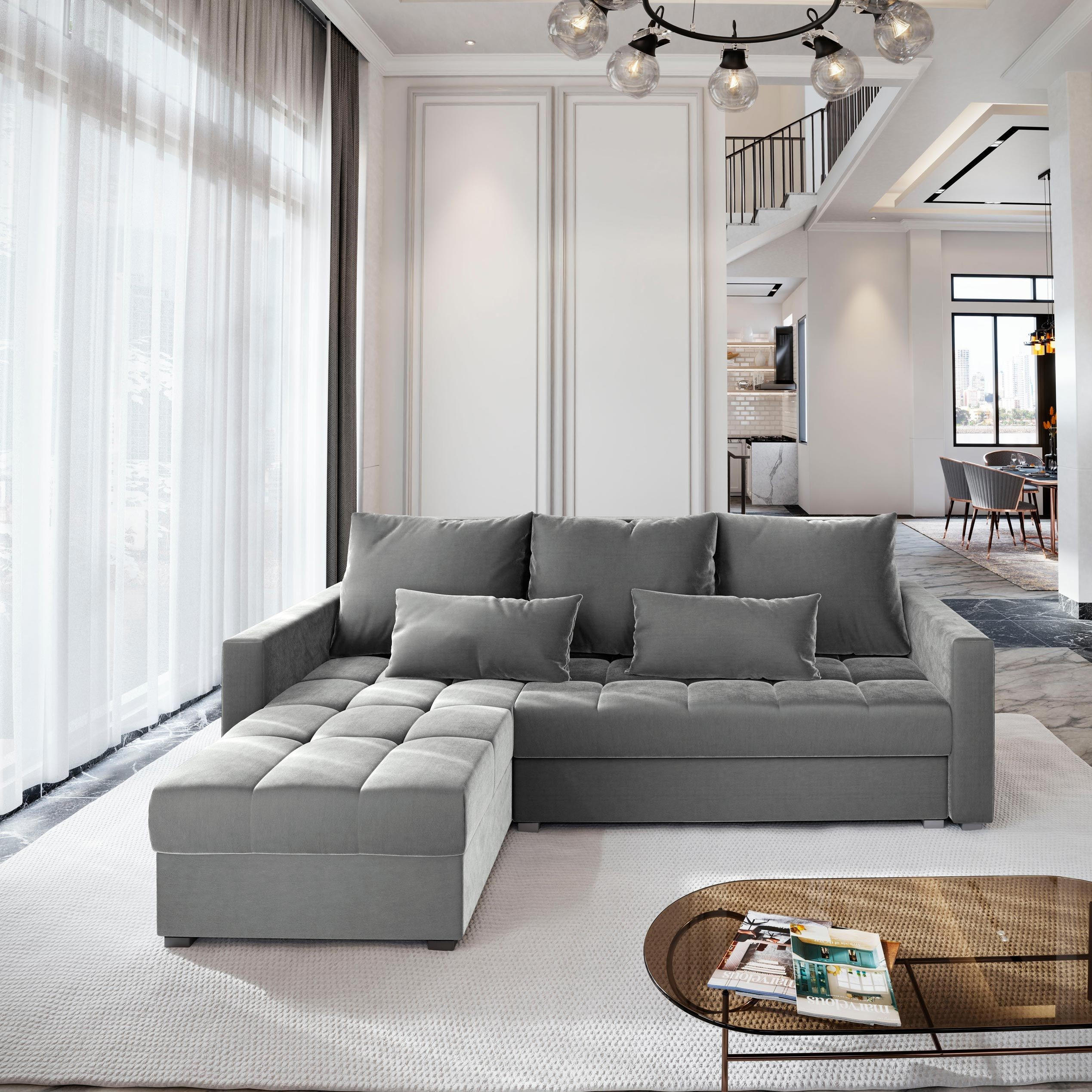 ECKSOFA KOS PIK Hellgrau Plüsch-Stoff mit Schlaffunktion - Hellgrau, Holz (220/140cm) - MASSENO