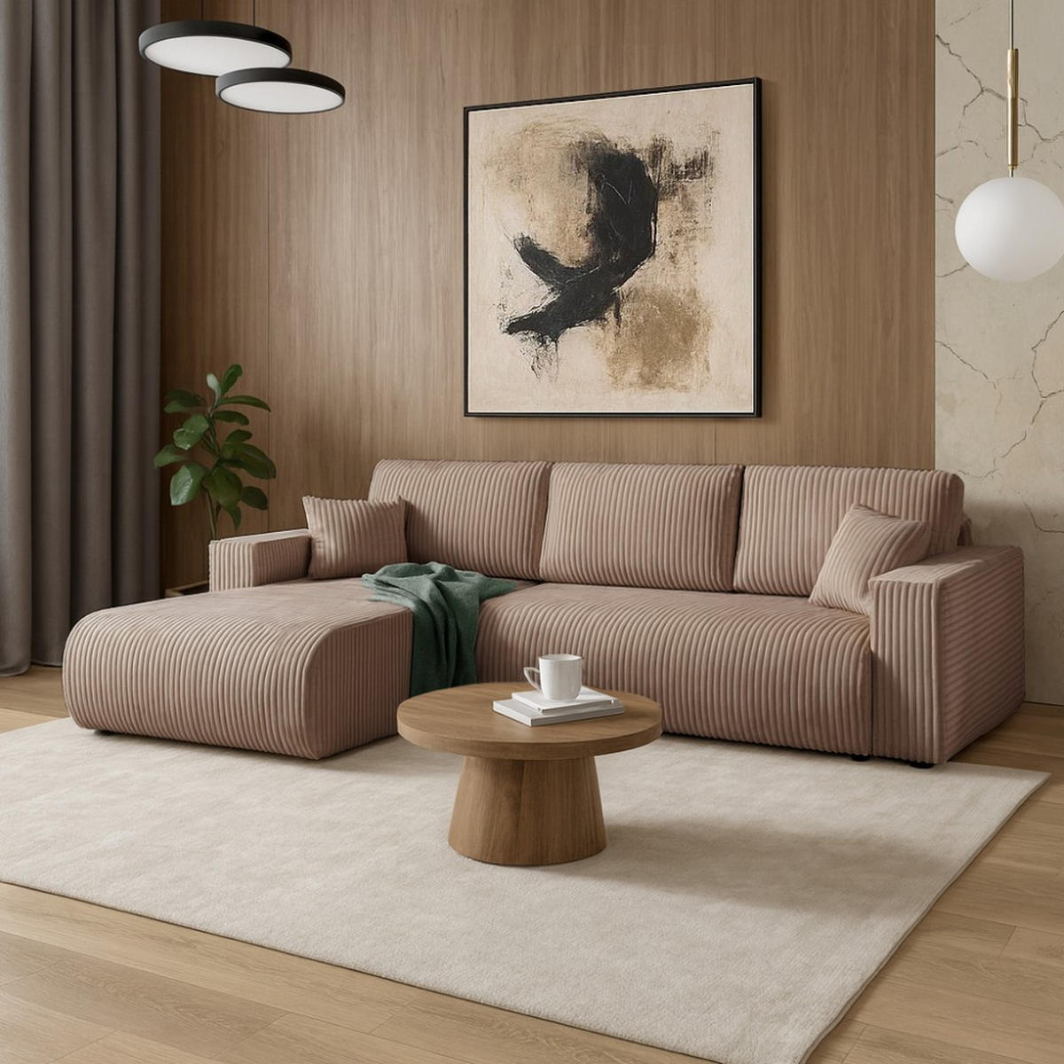 ECKSCHLAFSOFA Porto mit universelle Ottomane, Hellbraun - Hellbraun/Schwarz, Textil (288/190cm) - Beautysofa