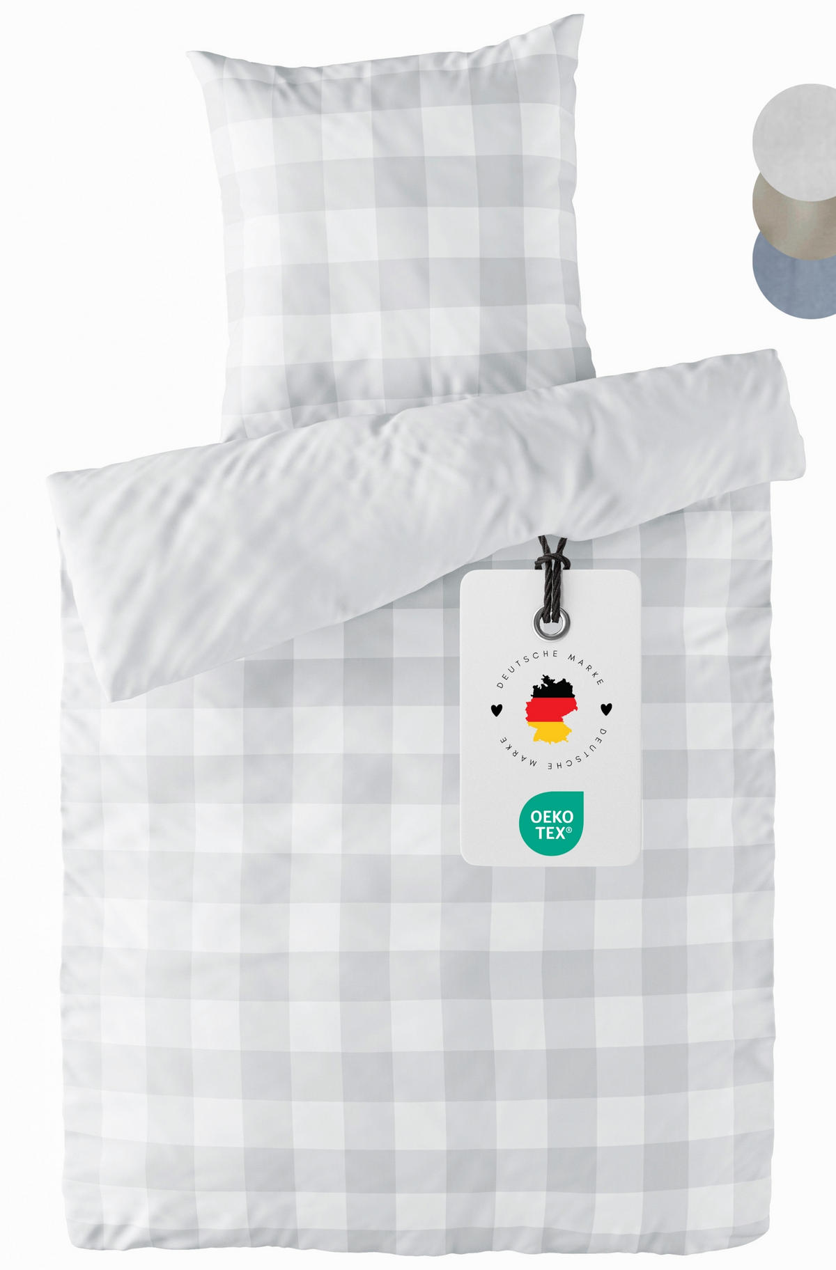 WENDE-BETTWÄSCHE Mako Perkal 240x220 cm aus 100% Baumwolle mit Reißverschluss, 3 teilig Bettbezug kariert uni 240 x 220 - Silber - Silberfarben, Textil (240/220cm) - Carpe Sonno