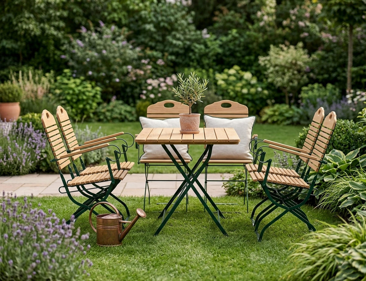 GARTEN-GARNITUR Bad Belzig 5-teilig aus Robinienholz, Stahlgestell Grün - Braun, Holz - TPFGarden