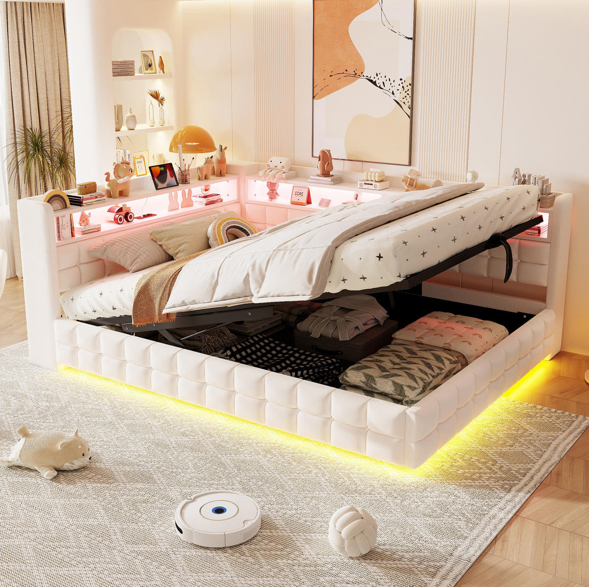 POLSTERBETT 140/200 cm aus Samtstoff mit Stauraum und LED-Beleuchtung, Beige - Beige, Textil (140/200cm) - OKMYHOME