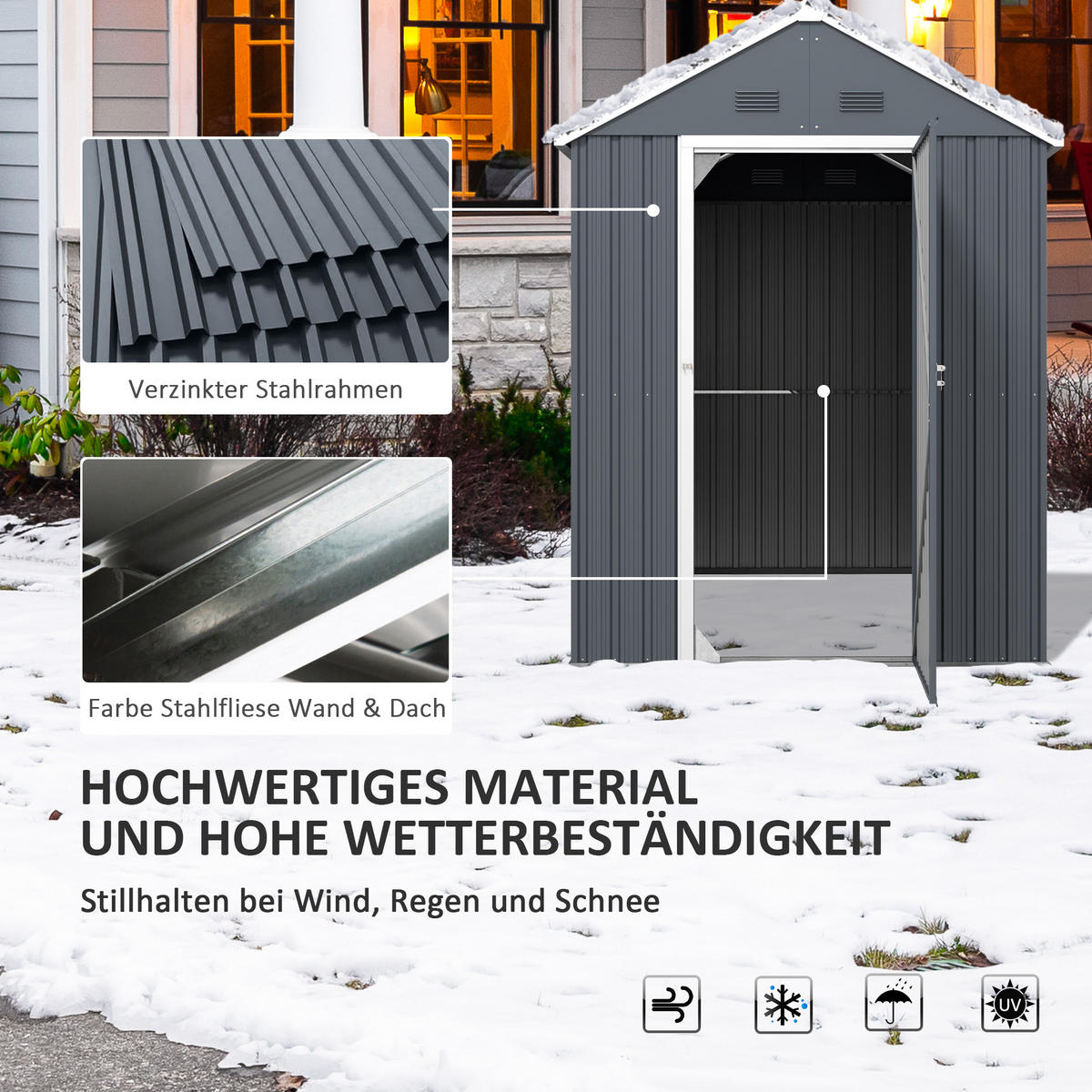 GERÄTESCHUPPEN Stahl, 4㎡ Gerätehaus mit Fenster abschließbarer Gartenschrank - Dunkelgrau, Metall (172/222/259cm) - Outsunny