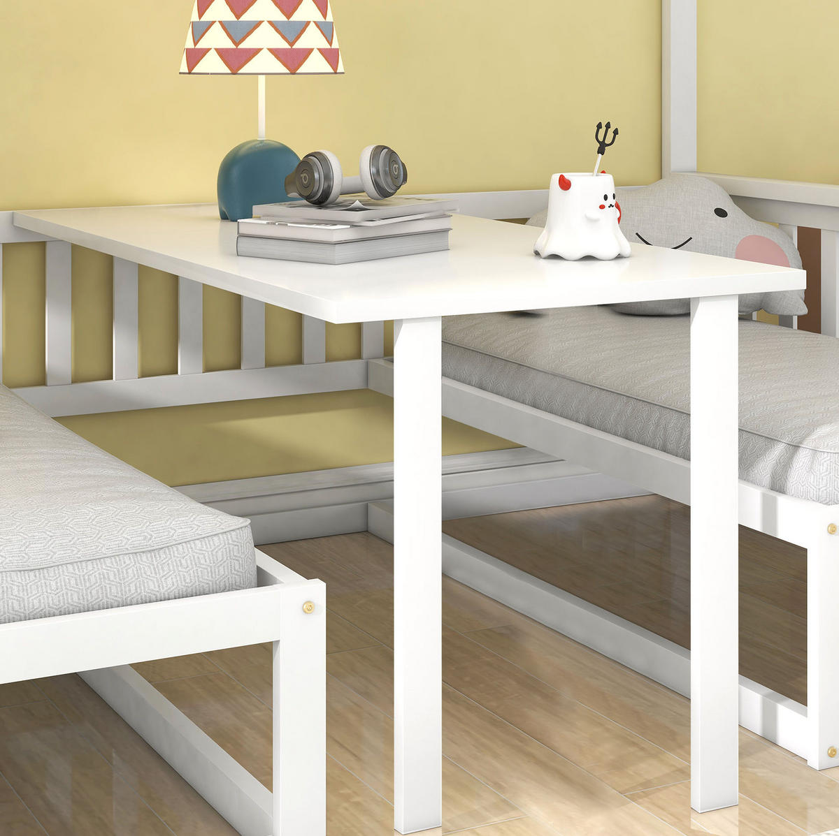 ETAGENBETT 90/200 cm Weiß mit Treppe und verstellbarem Tisch aus Kiefernholz - Weiß, Holzwerkstoff (90/200cm) - OKWISH