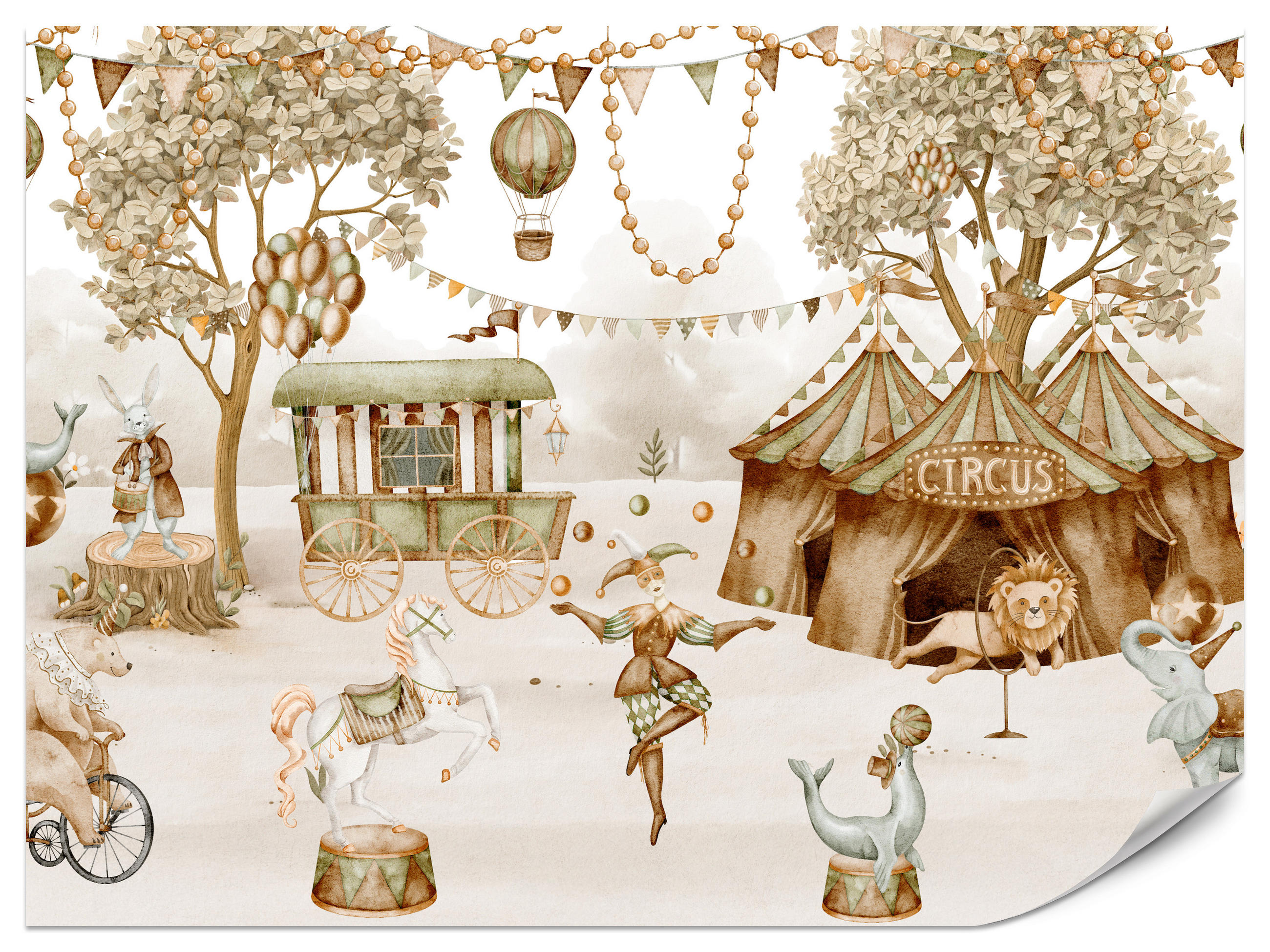 FOTOTAPETE für Kinderzimmer Zirkus Zelt Tiere Ballons Aquarell Bäume 350x256 - Ecru/Beige, Papier (350/256cm) - Muralo