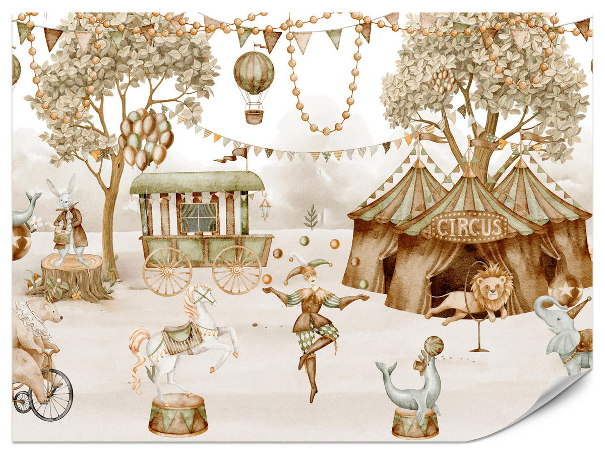 FOTOTAPETE für Kinderzimmer Zirkus Zelt Tiere Ballons Aquarell Bäume 350x256 - Ecru/Beige, Papier (350/256cm) - Muralo