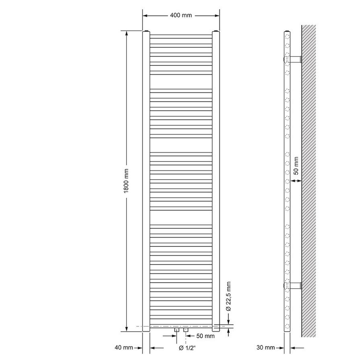 KOUPELNOVÉ topidlo Sahara 400 x 1800 mm, bílé, rovné, se středovým připojením - bílá, kov (40/180/3cm) - LuxeBath
