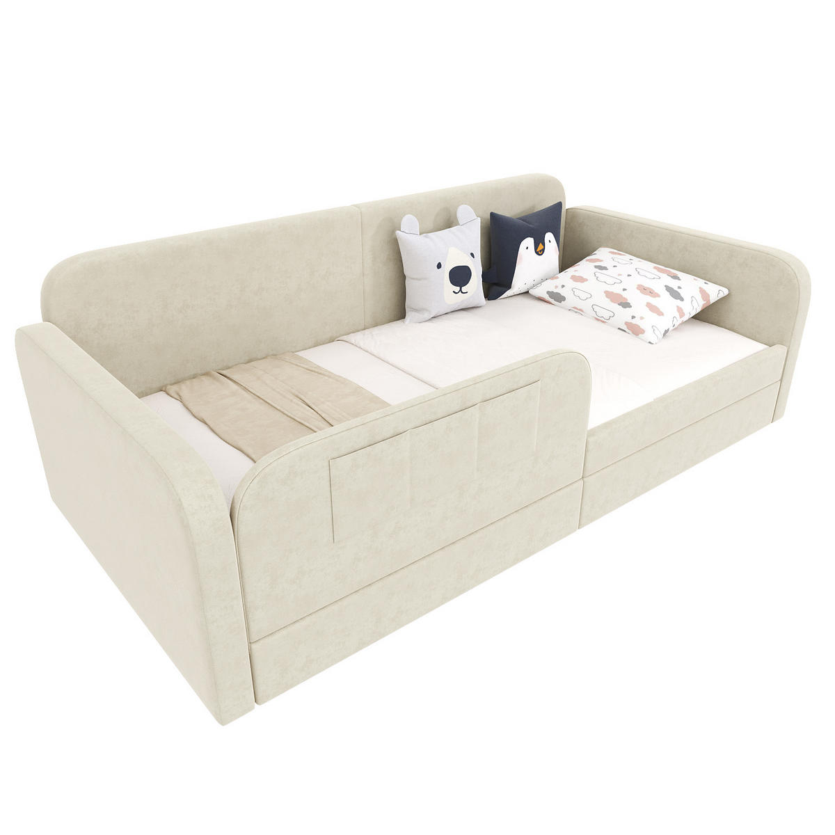 POLSTERBETT 90/200 cm Weiß mit Stauraum und erhöhtem Zaunbrett aus Samt - Weiß, Textil (90/200cm) - OKWISH