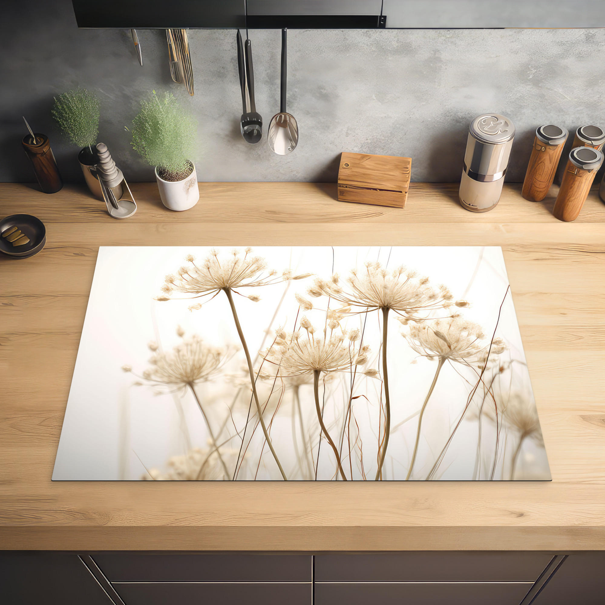 HERDABDECKPLATTE Blumen - Weiß - Sonnenlicht 78x52 cm - Ecru, Kunststoff (78/0.2/52cm) - MuchoWow