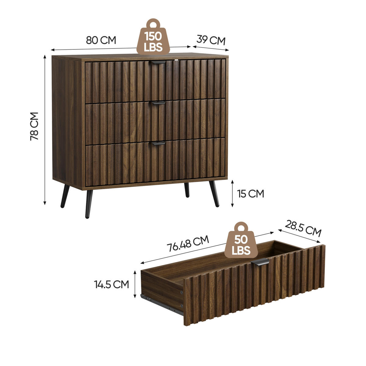 KOMMODE aus MDF 80x39x78 cm Walnuss mit 3 Schubladen und Metallbeinen - Walnussfarben, Holzwerkstoff (80/78/38cm) - Modfu