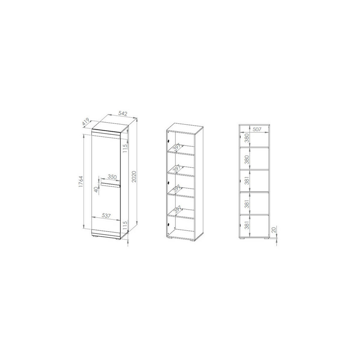 STAURAUMSCHRANK Blanco Pinie weiß / grau 55 / 42 / 202cm - Weiß, Holz/Holzwerkstoff (55/202/42cm) - Feldmann-Wohnen