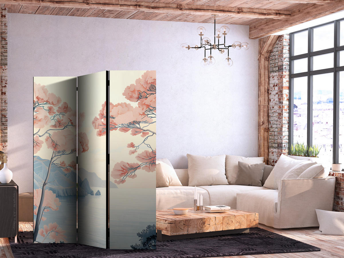 PARAVENT Beidseitig Bedruckter 3-tlg 135x172 cm Ozeanklippen Landschaft im Boho - Multicolor, Holz/Textil (135/172/3cm) - Muralo