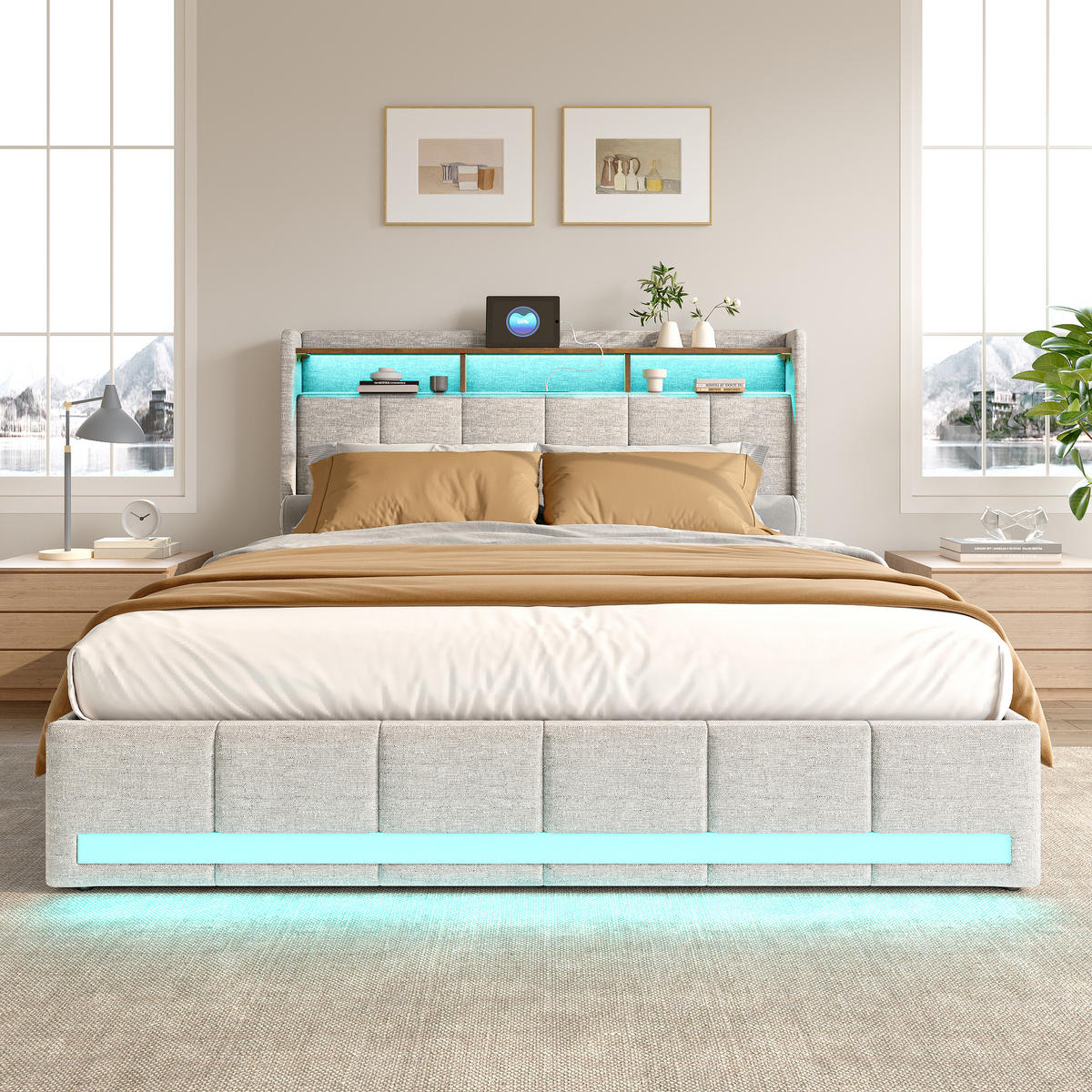 POLSTERBETT 160x200 cm mit Stauraumkopf und 4 Schubladen, LED-Leisten, USB-/Typ-C, Leinenstoff, Beige - Beige, Holz (160/200cm) - BRILVERDE