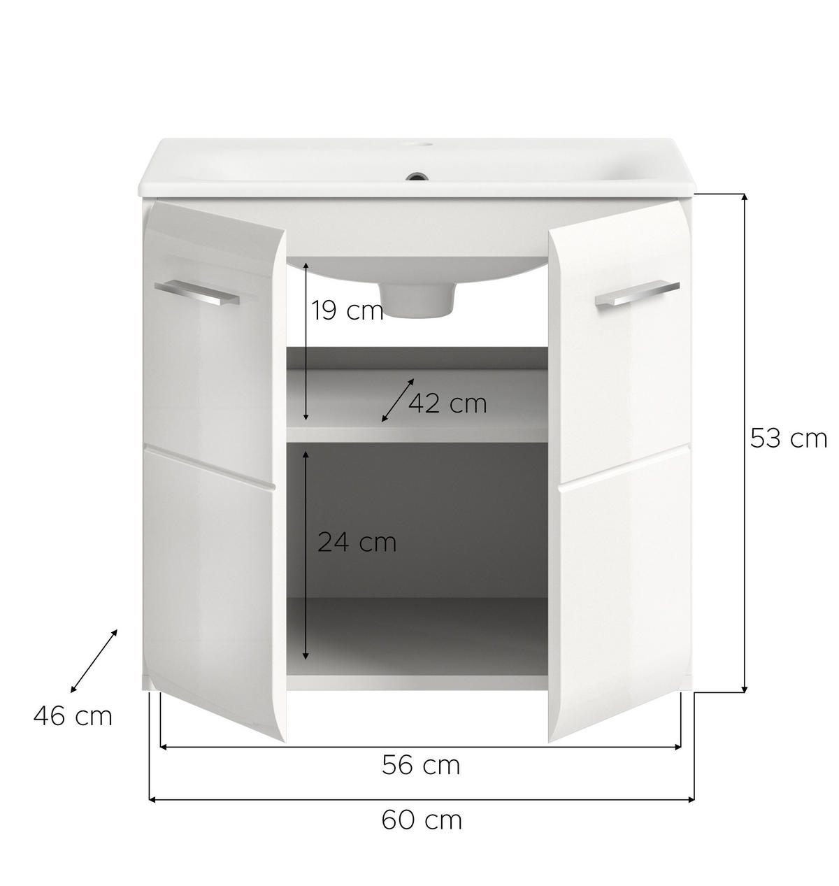 WASCHTISCH inkl. Waschbecken ICE (B/H/T: ca. 60/55/46 cm) in Weiß/weiß hochglanz - Weiß, Holzwerkstoff (60/55/46cm)