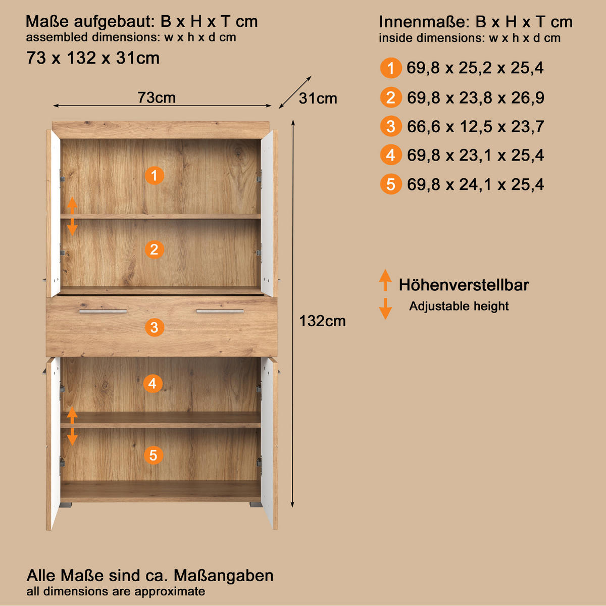MIDISCHRANK Asteiche 73 x 132 cm, Badschrank mit viel Stauraum - Eichefarben, Holzwerkstoff/Kunststoff (73/132/31cm) - Top.Furn