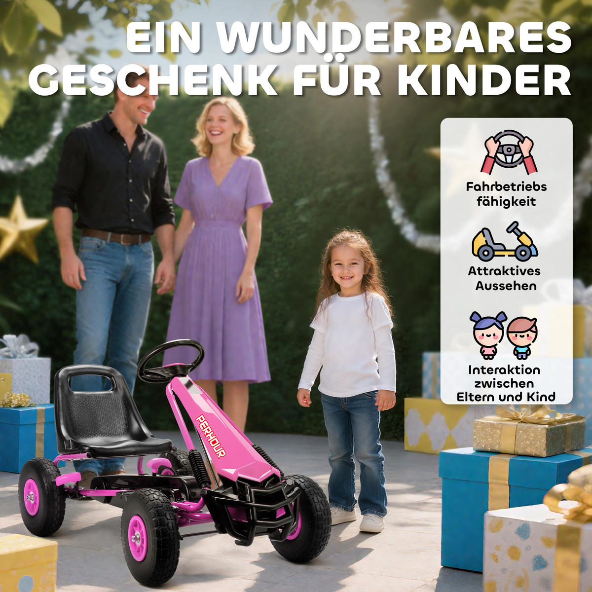 PEDAL-GOKART DE-06265 mit höhenverstellbarem Sitz, Bremse und Kupplung Rosa - Pink, Kunststoff/Metall (110/61/62cm) - ComfortXL