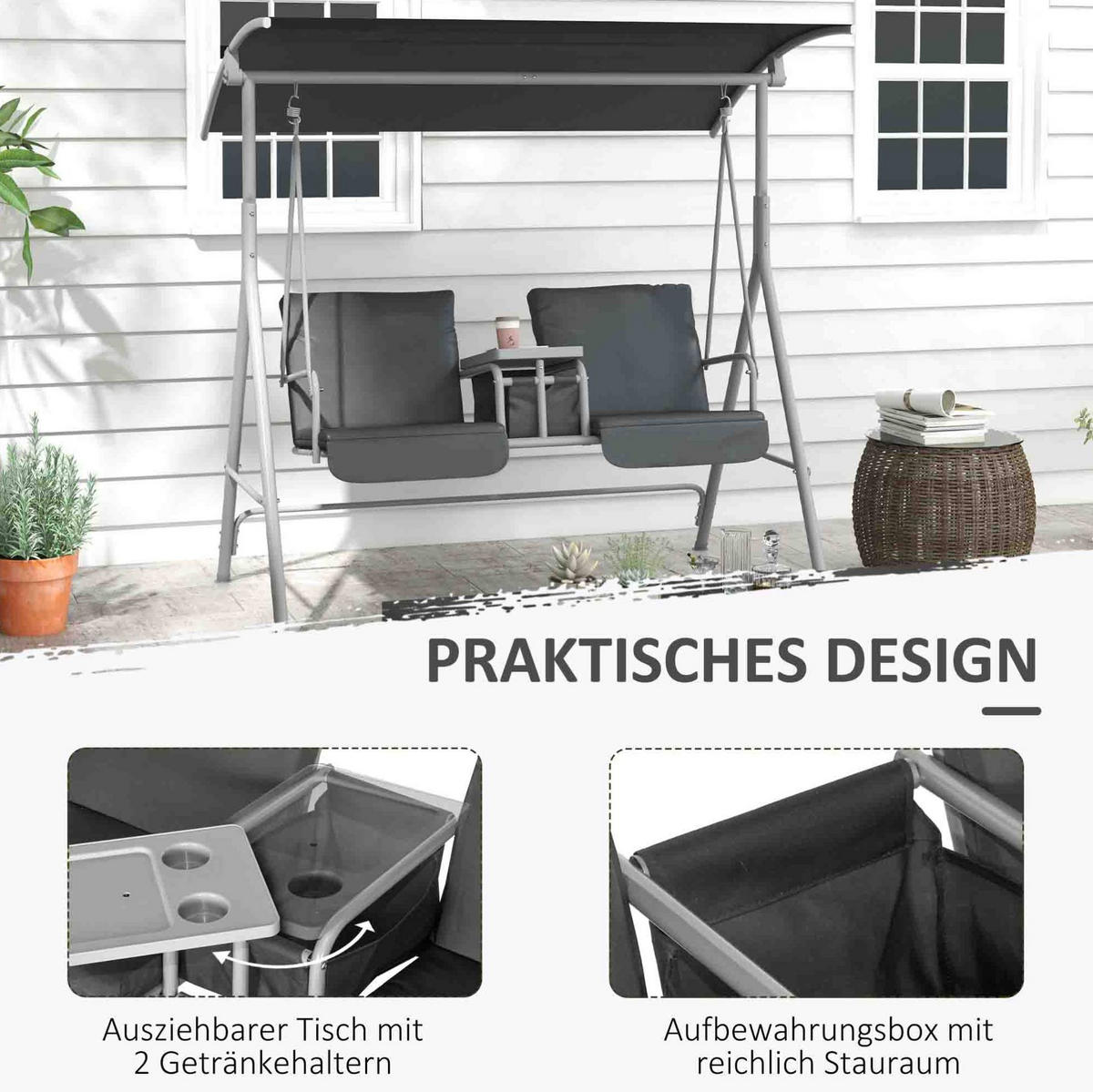 HOLLYWOODSCHAUKEL aus Metall 175x112x158cm in Schwarz mit Sonnendach & Mitteltisch - Schwarz, Metall (112/158/175cm) - Modfu