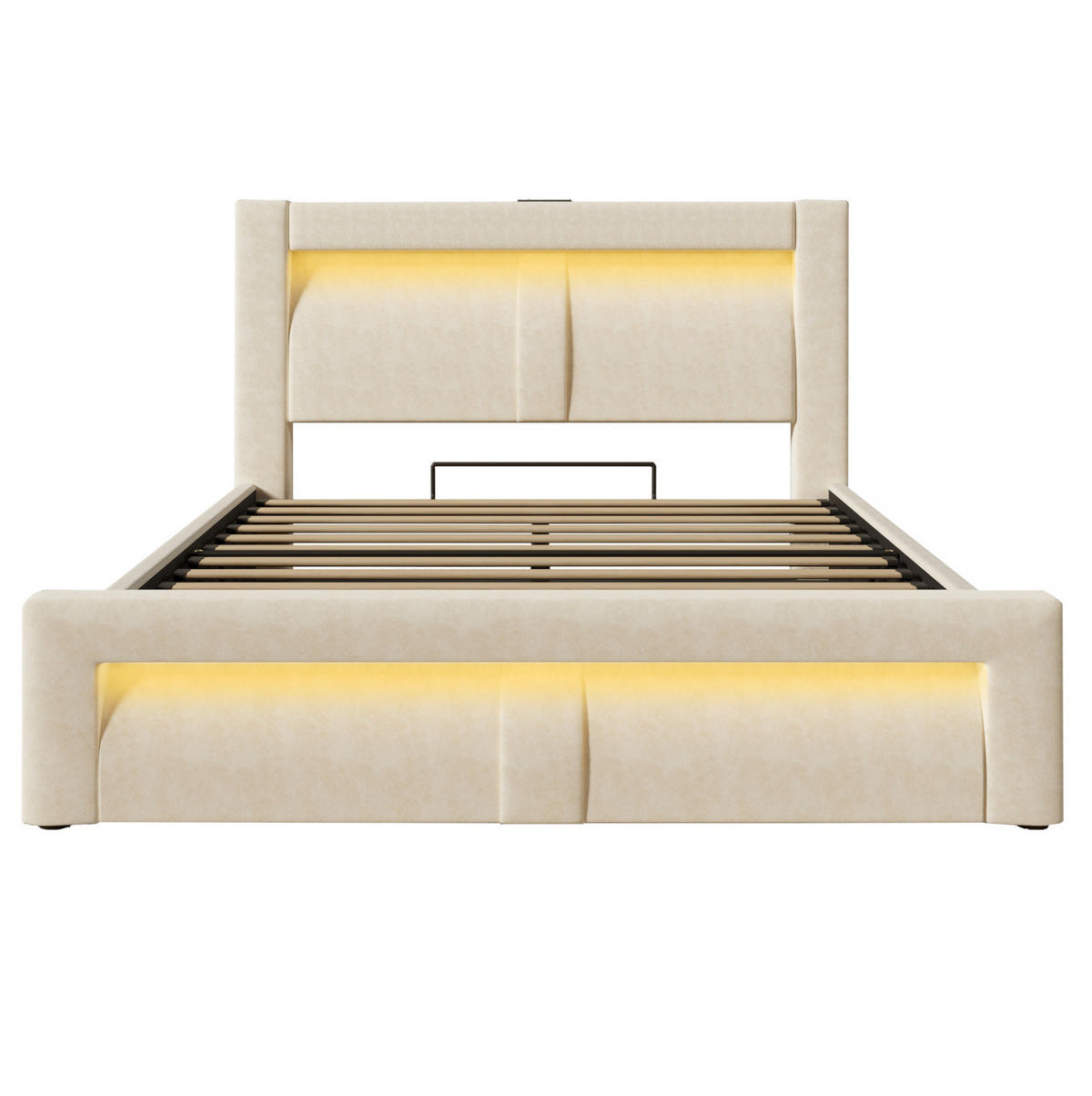 POLSTERBETT 140/200 cm beige aus Samt mit Stauraum, LED und USB-C - Beige, Textil (140/200cm) - OKWISH