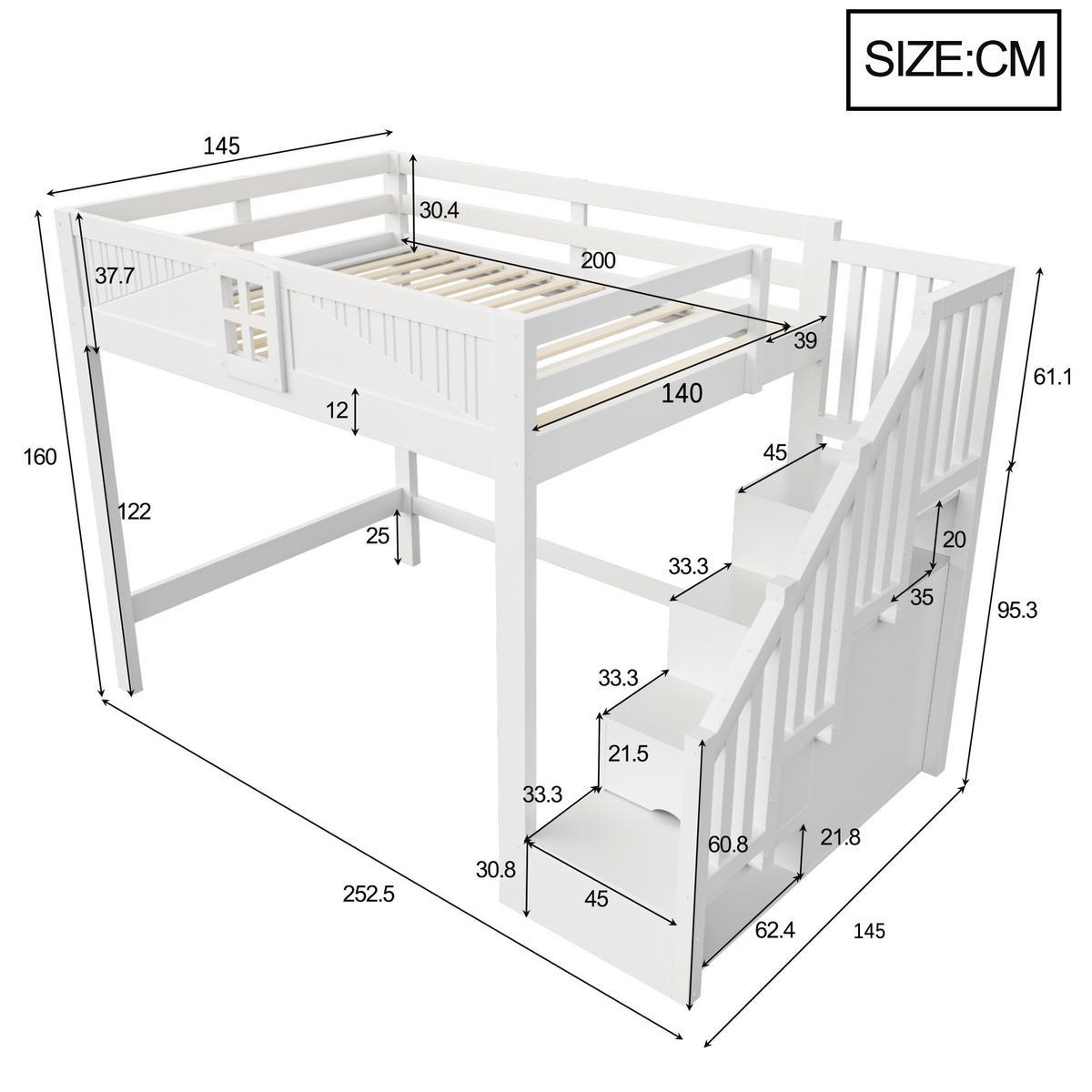 HOCHBETT 140/200 cm mit Stauraumleiter, DE-41580, in Weiß - Weiß, Holzwerkstoff (140/200cm) - ComfortXL