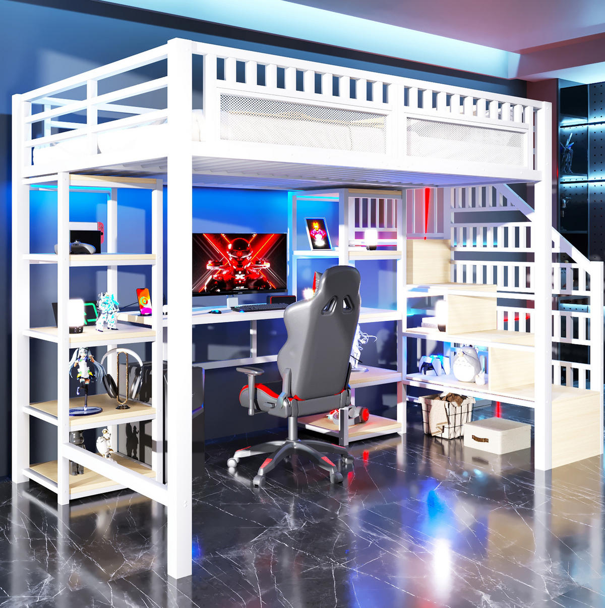 HOCHBETT 140/200 cm mit Schreibtisch, LED-Lichtleiste, USB-Anschluss, Stauraumleiter und Ablagen, Metall/MDF, Weiß - Weiß, Metall (140/200cm) - Redom